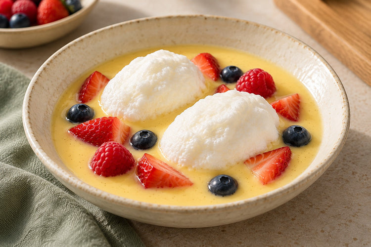 Two soft white poached meringue clouds floating on golden vanilla custard with strawberries, raspberries and blueberries.