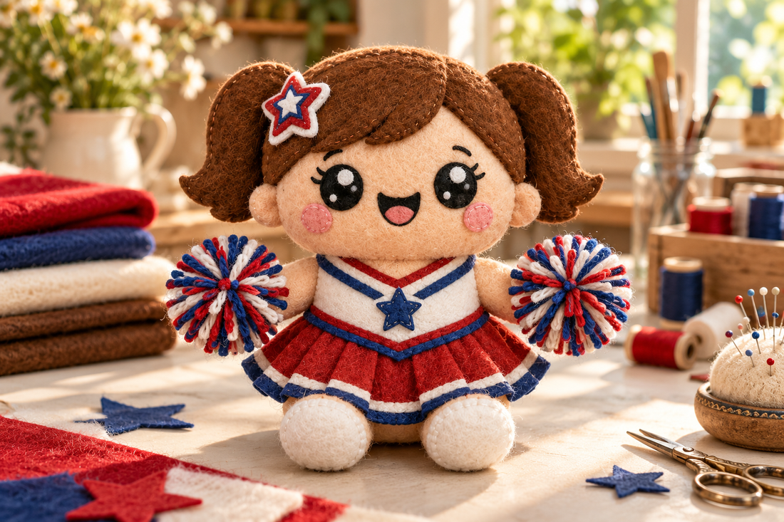 A softly sewn cheerleader squishy with brown pigtails, a smiling felt face, red pleated skirt and red, white and blue yarn pom-poms.
