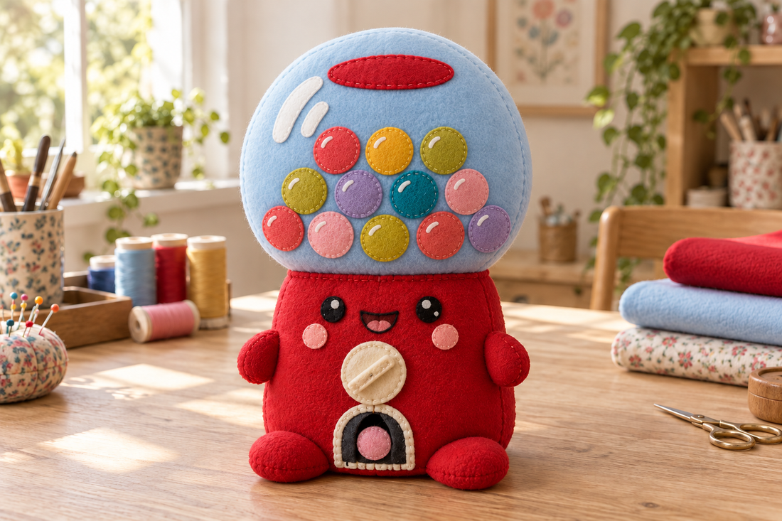 A soft red candy-dispenser squishy with a pale-blue fabric globe, twelve colourful stitched felt sweets, a smiling face and a cream pretend dial.