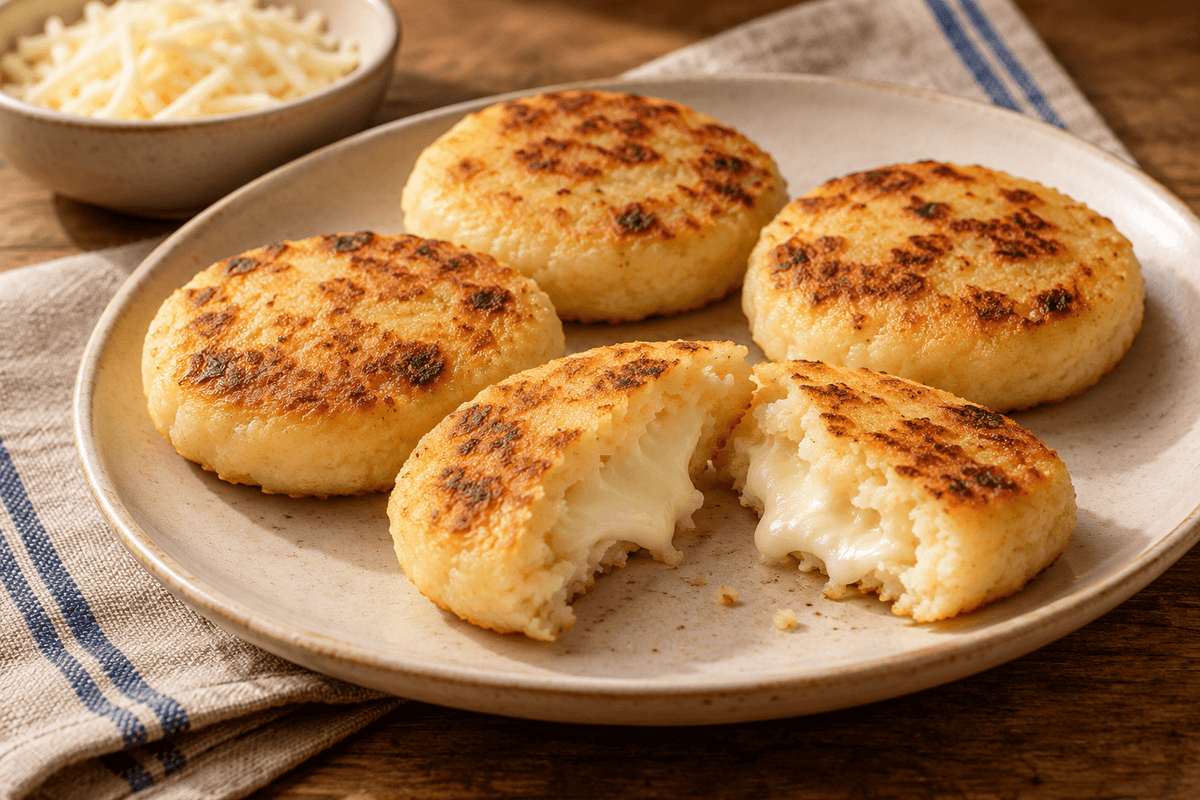 Golden cheesy arepas on an ivory plate, with one opened to show its melted cheese centre