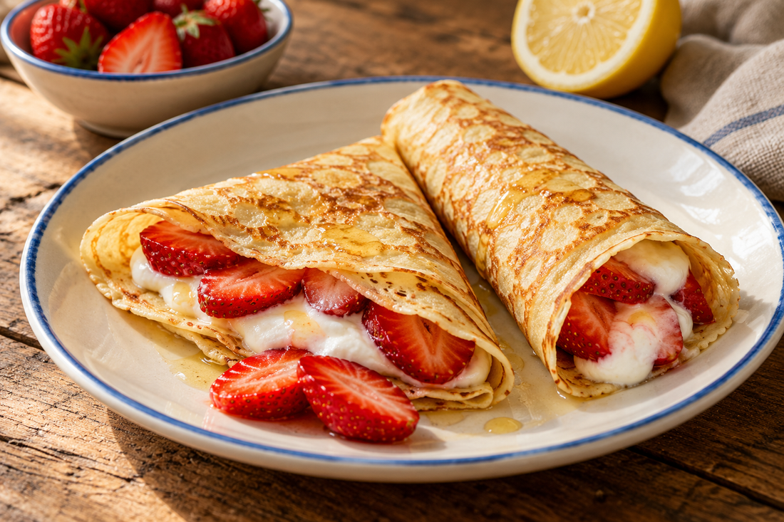 Thin golden French crêpes filled with sliced strawberries and yoghurt, with a light drizzle of honey
