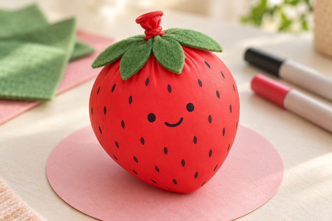A handmade red strawberry balloon squishy with black seed marks, a smiling face, a green felt crown and an intact red knot.