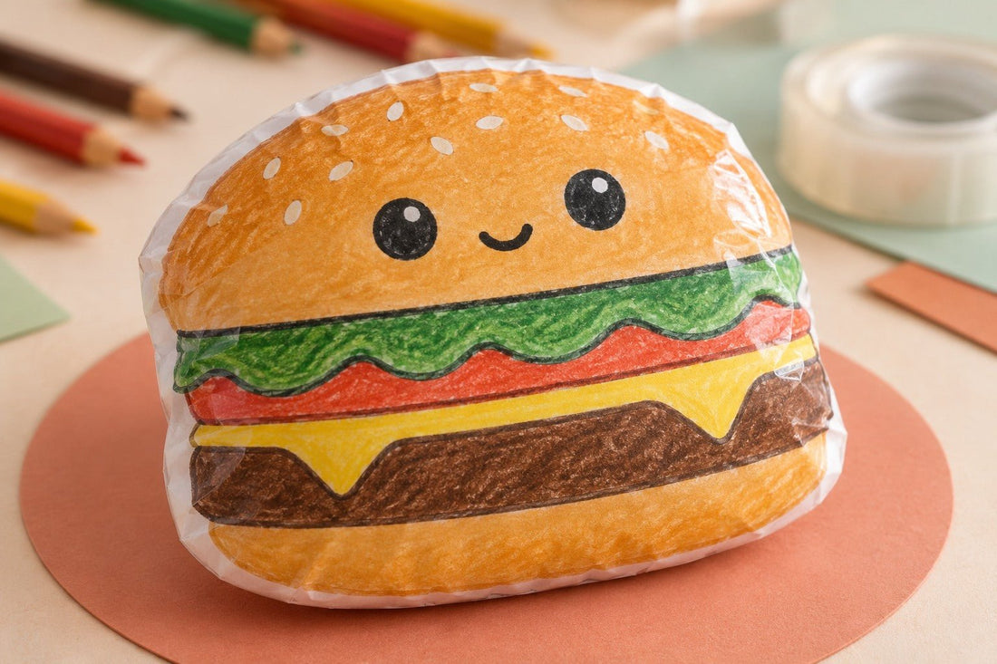 A smiling handmade paper burger squishy with golden bun, colourful drawn fillings and a clear taped edge.
