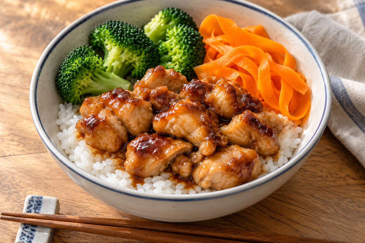Glazed chicken teriyaki pieces over short-grain rice with broccoli and carrot ribbons