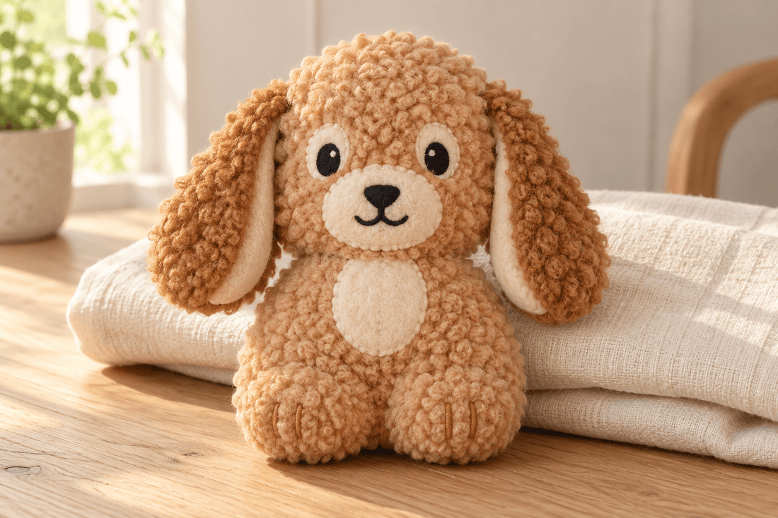 A cuddly handmade apricot cockapoo cushion with caramel floppy ears, a soft ivory muzzle and embroidered eyes.