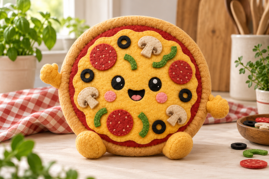 A smiling handmade felt pizza squishy with a golden padded crust and colourful sewn toppings.