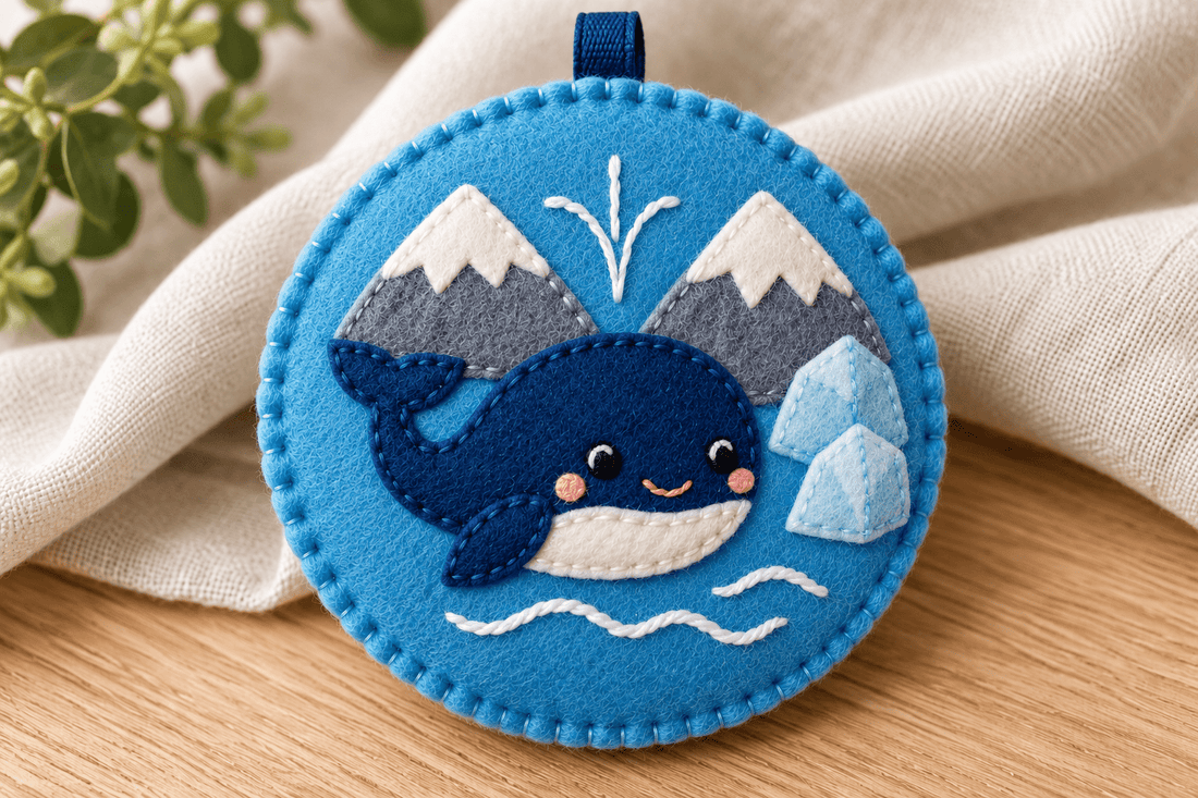 Finished glacier-blue felt whale pendant with snowy mountains, embroidered details and a short navy hanging loop.