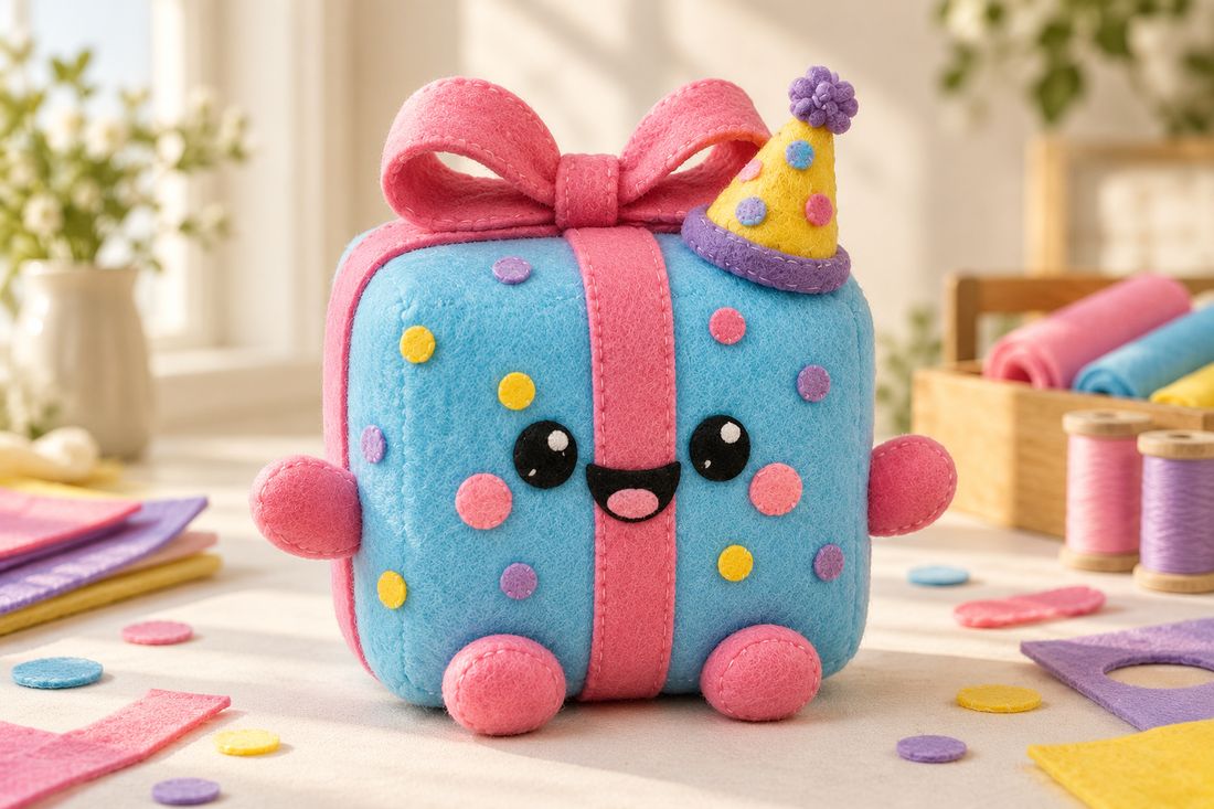 Sky-blue Confetti birthday-present fabric squishy with a pink bow, felt face and a yellow party hat.