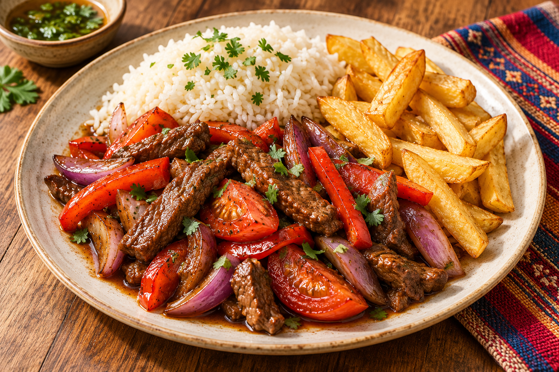 Mild lomo saltado with beef, red pepper and onion, served with rice and chips
