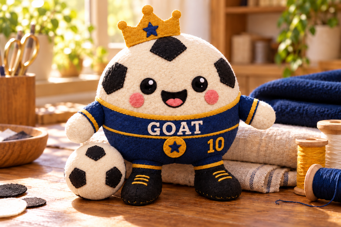A soft cream football champion squishy with three black felt patches, a navy-and-gold jersey, a soft felt crown, black fabric boots and a matching little football.