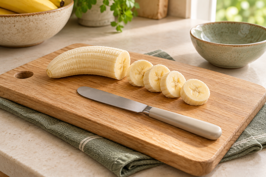 Banana slices, a rounded table knife and a stable chopping board prepared for supervised cutting practice