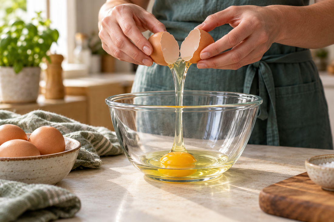 Hands gently opening an eggshell over a clear bowl on a kitchen worktop