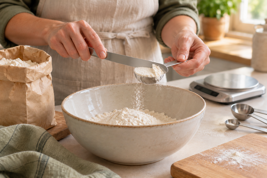 A level measure of flour prepared with a smooth-edged utensil beside kitchen scales