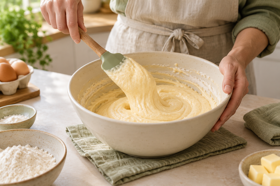 A silicone spatula gently scooping a light mixture from the bottom of a bowl