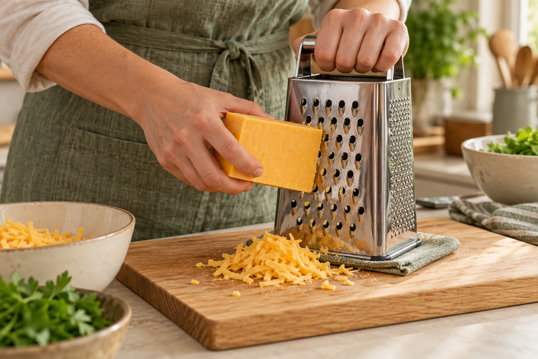 An adult grating a large piece of cheese with fingers safely away from the grating surface