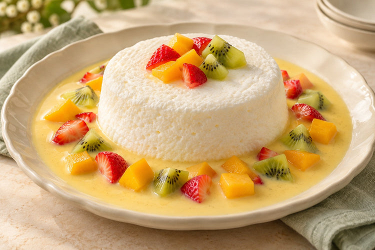 A single soft white moulded meringue island surrounded by golden vanilla custard, strawberries, mango and kiwi on a shallow platter.
