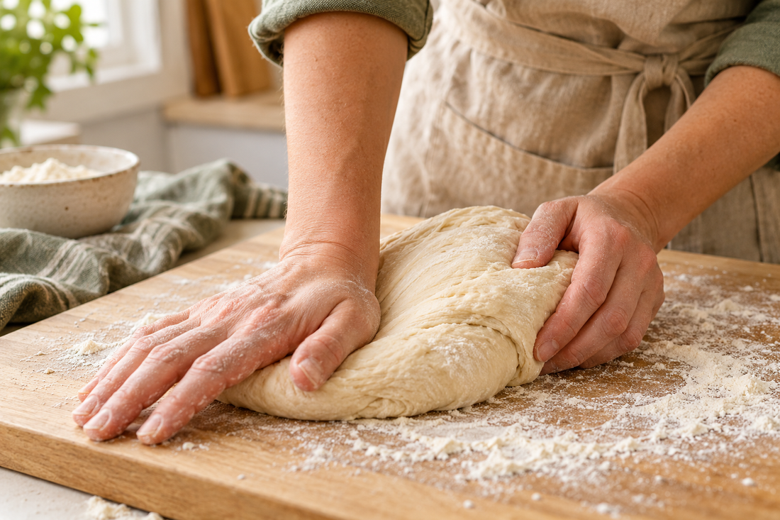 An adult using the heel of the hand to push bread dough on a lightly floured work surface