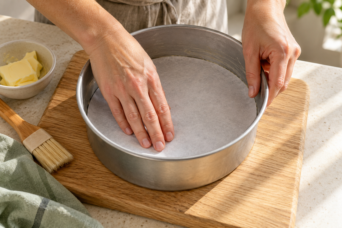 Hands fitting a circle of baking parchment into a round cake tin