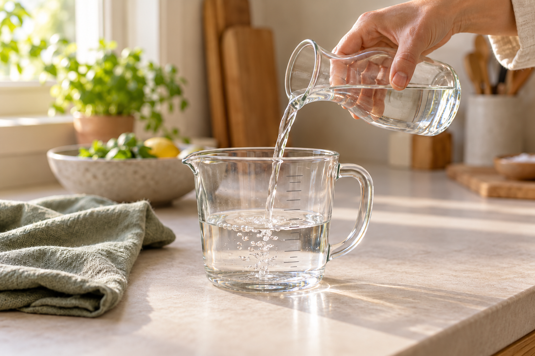 Water being poured carefully into a measuring jug resting on a level kitchen counter
