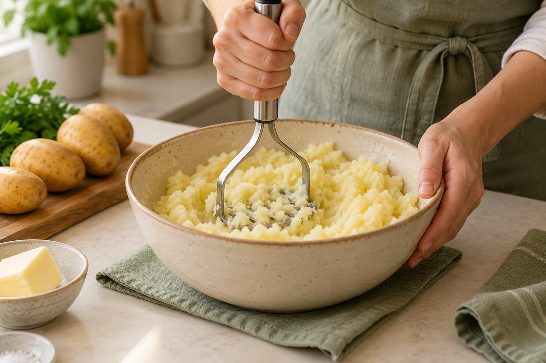 Hands using a potato masher in a stable bowl of soft cooked potatoes