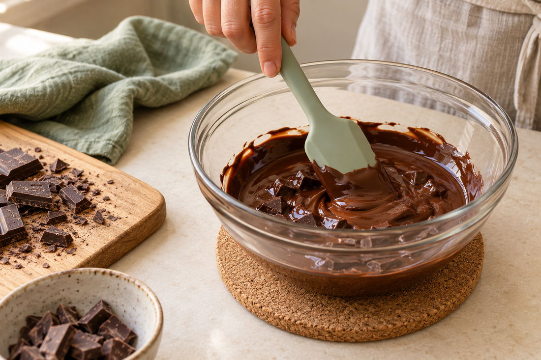 An adult stirring melted chocolate in a microwave-safe bowl resting on a heatproof trivet