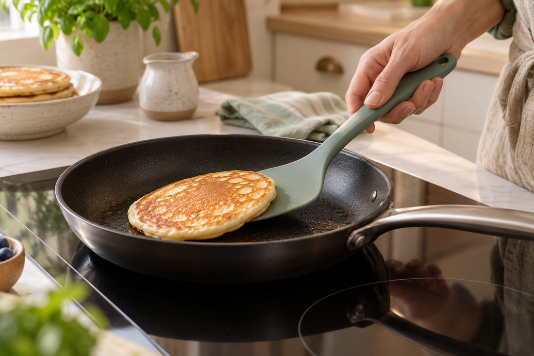 A wide spatula supporting a golden pancake in a shallow frying pan