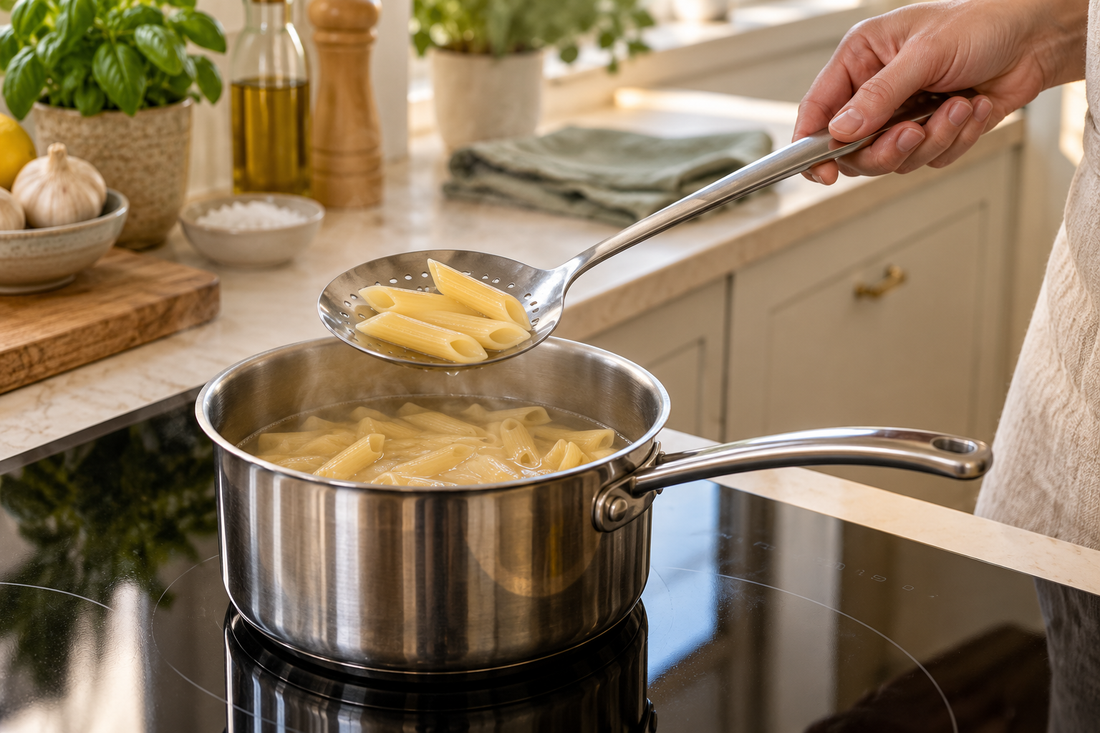 An adult checking cooked pasta using a spoon over a stable saucepan
