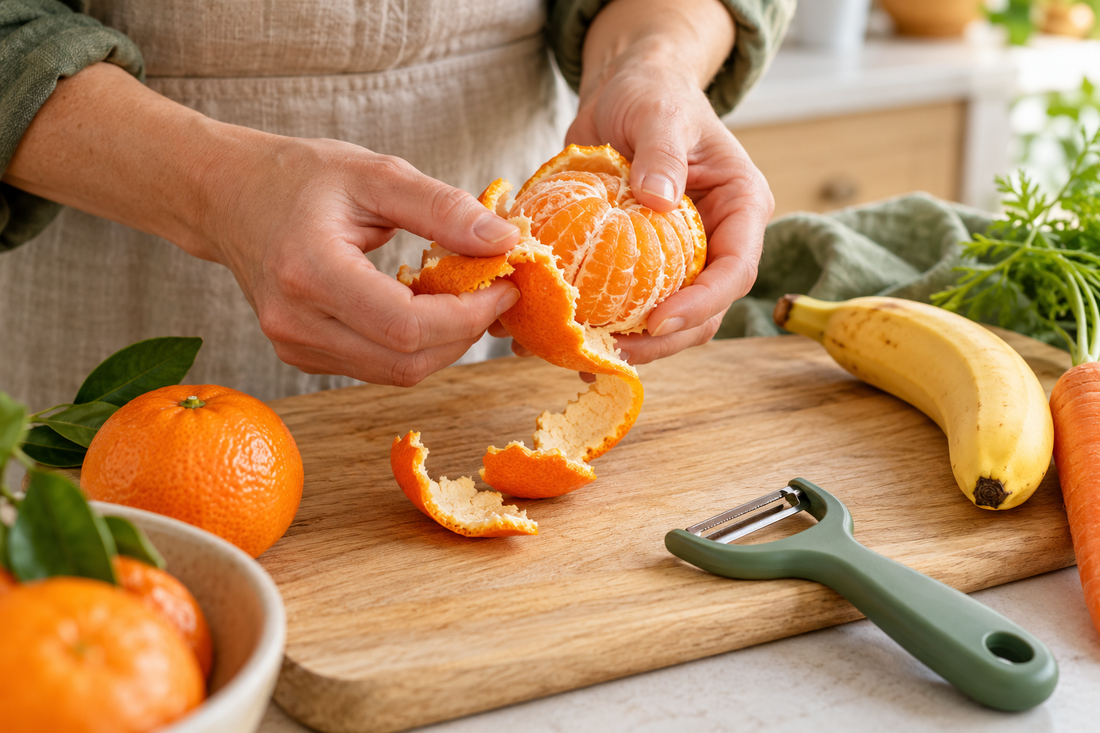 Hands peeling a mandarin beside fruit and vegetable preparation tools