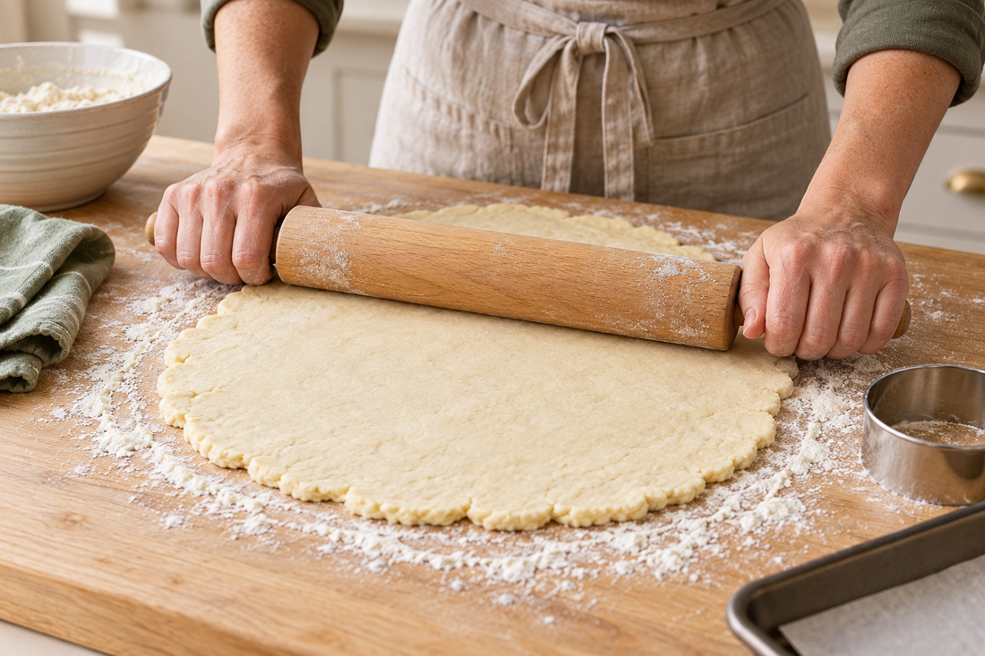 Hands rolling biscuit dough with a wooden rolling pin