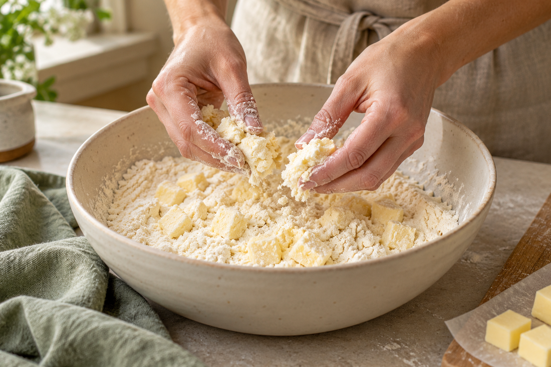 Fingertips lifting and rubbing small pieces of butter into flour in a bowl