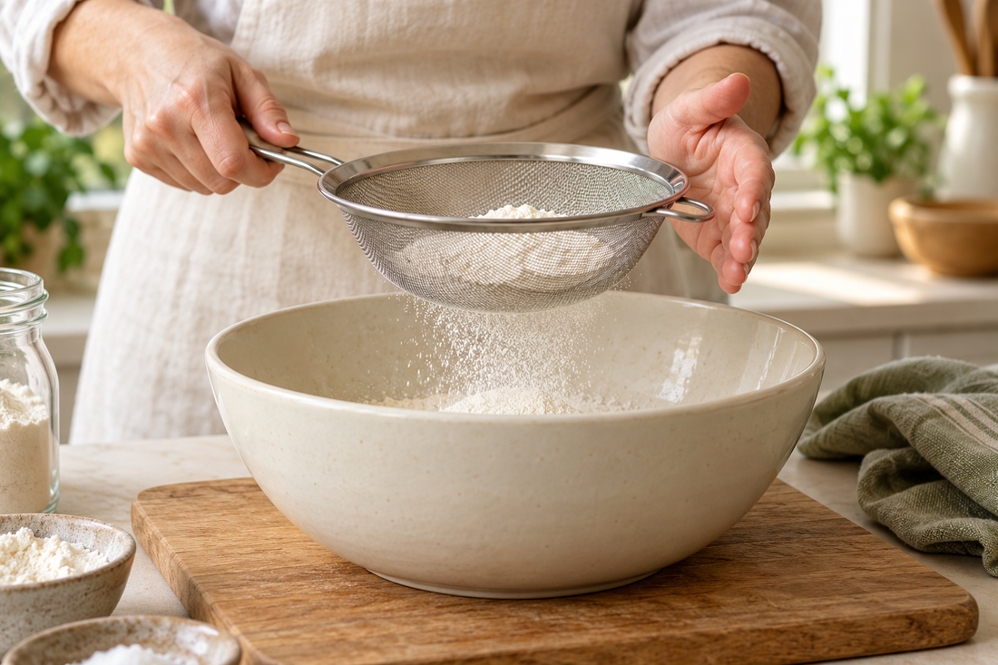 Hands gently tapping a sieve of flour over a mixing bowl