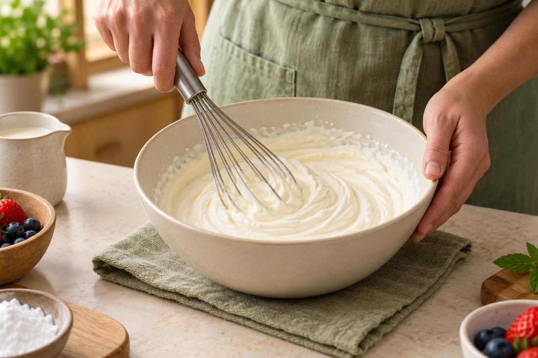 Hands using a balloon whisk in a bowl of cream on a stable work surface