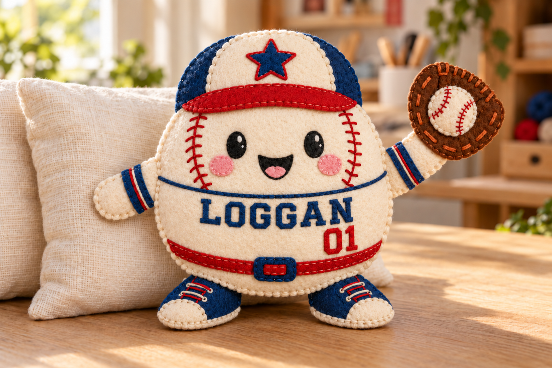 Loggan, a handmade cream felt baseball-player squishy with a navy and red cap, smiling stitched face, embroidered jersey and raised brown mitt.