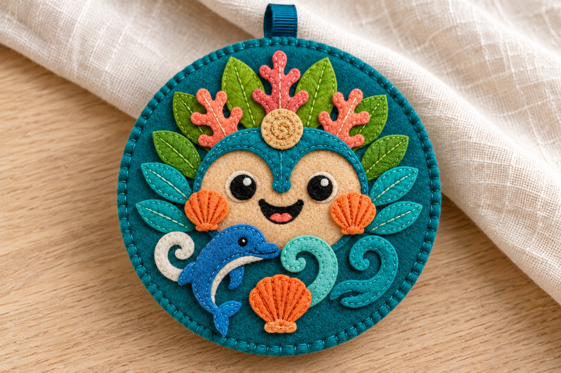 A finished teal felt Ocean Buddy pendant with a coral-and-leaf crown, smiling face, shell cheeks, dolphin and three curling waves.