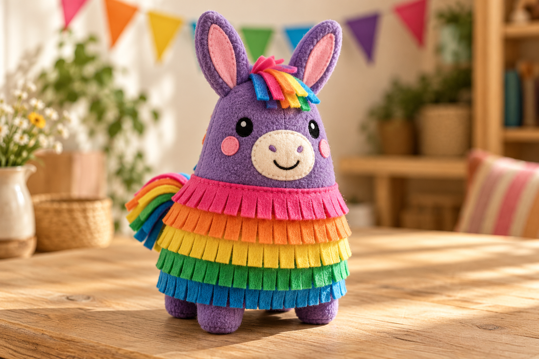 Photorealistic illustration of Olly, a purple fleece donkey with a cream stitched muzzle, tall pink-lined ears, four soft feet and five rainbow felt fringe rows.