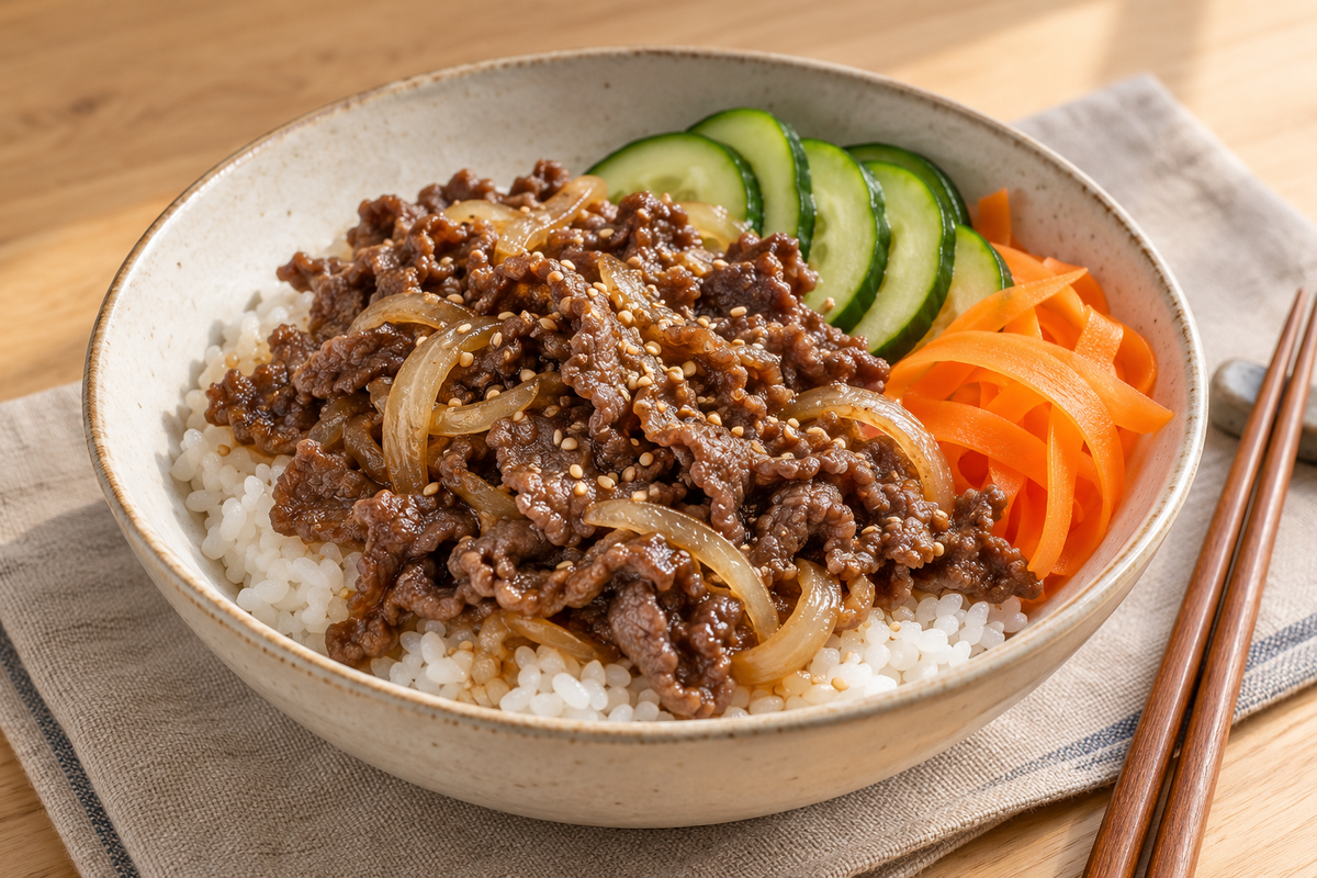 Mild beef bulgogi with onion over rice, served with cucumber slices, carrot ribbons and sesame seeds