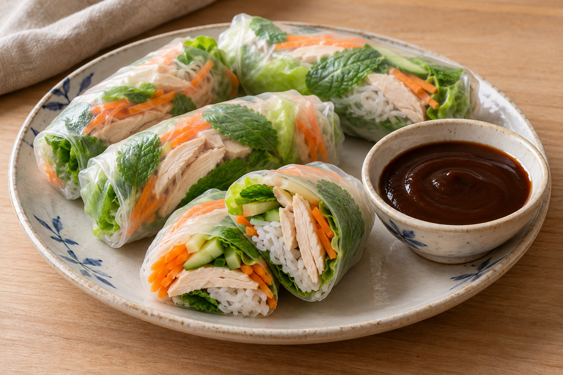 Vietnamese-style summer rolls filled with chicken, rice noodles, carrot, cucumber, lettuce and mint, with hoisin dip