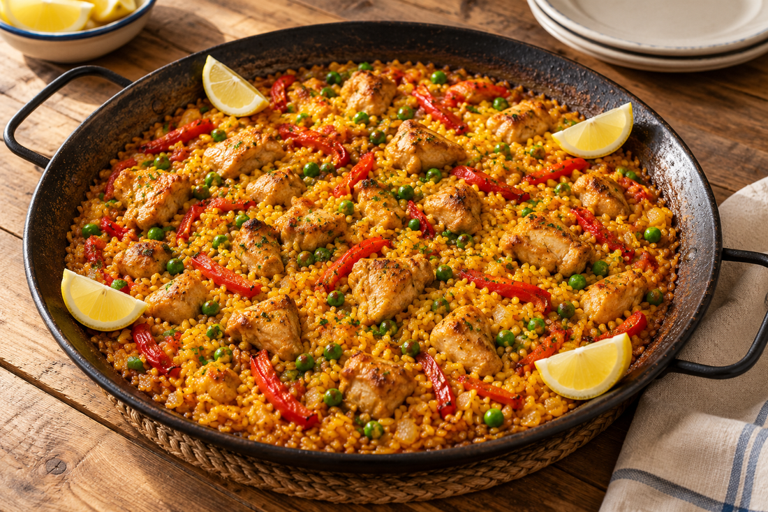 Golden chicken and vegetable paella with boneless chicken pieces, red pepper, peas and lemon wedges in a shallow pan