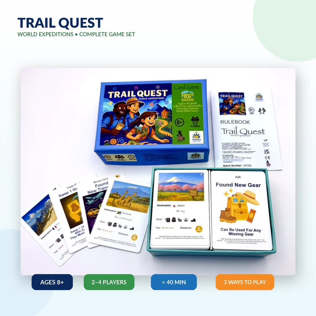 Trail Quest® World Expeditions Kids Family Travel Adventure Strategy Card Game Ages 8+ Quesbo