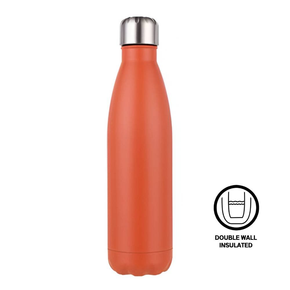 Plain orange 500ml insulated stainless steel water bottle with silver screw cap; engraving sold separately