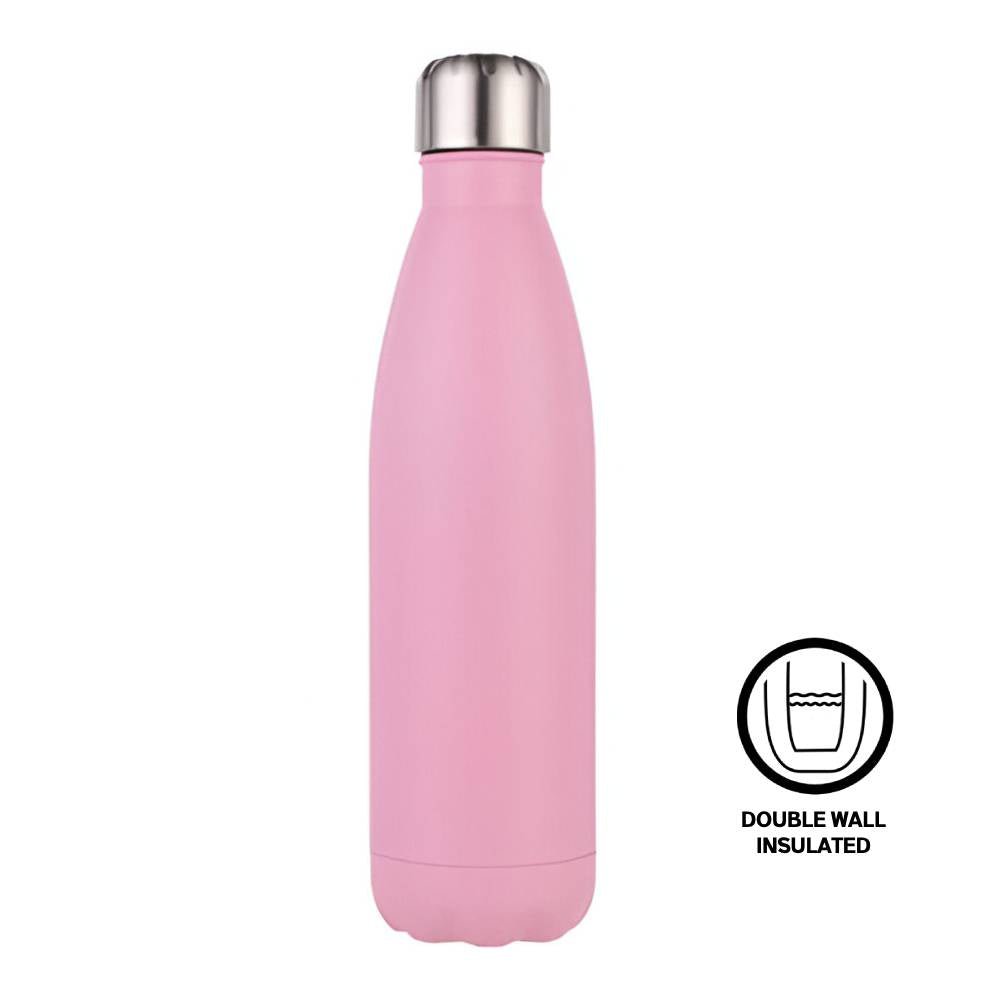 Plain pink 500ml insulated stainless steel water bottle with silver screw cap; engraving sold separately