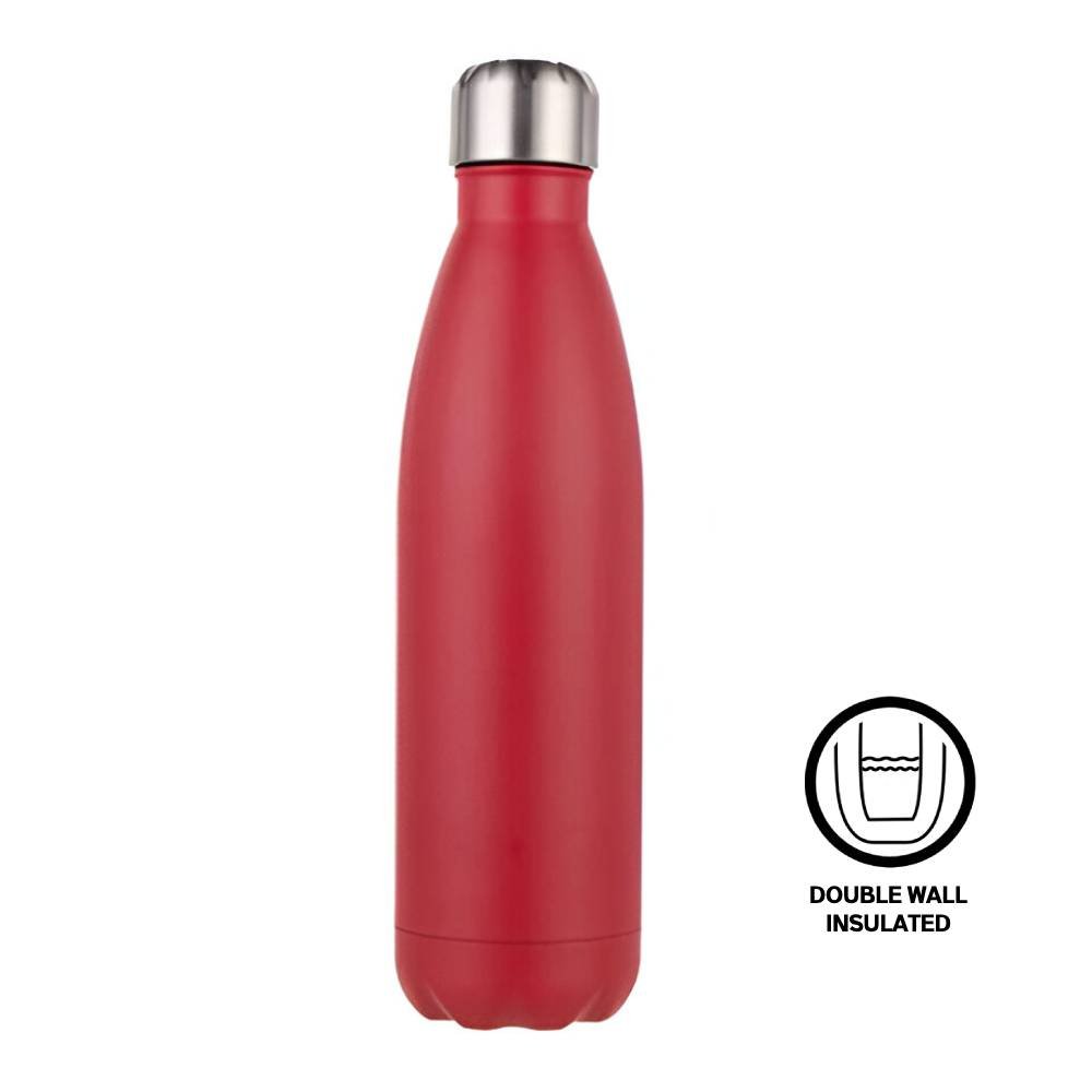 Plain red 500ml insulated stainless steel water bottle with silver screw cap; engraving sold separately