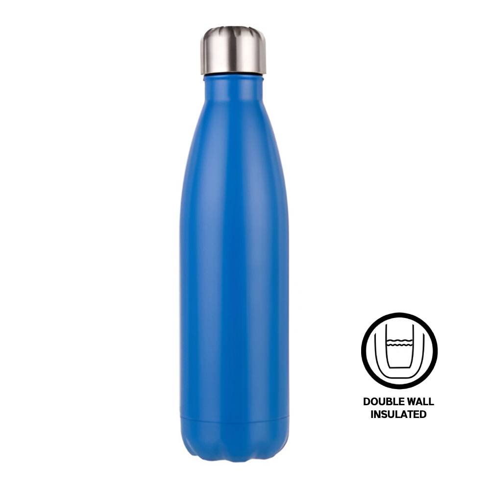 Plain royal blue 500ml insulated stainless steel bottle with silver screw cap; engraving sold separately