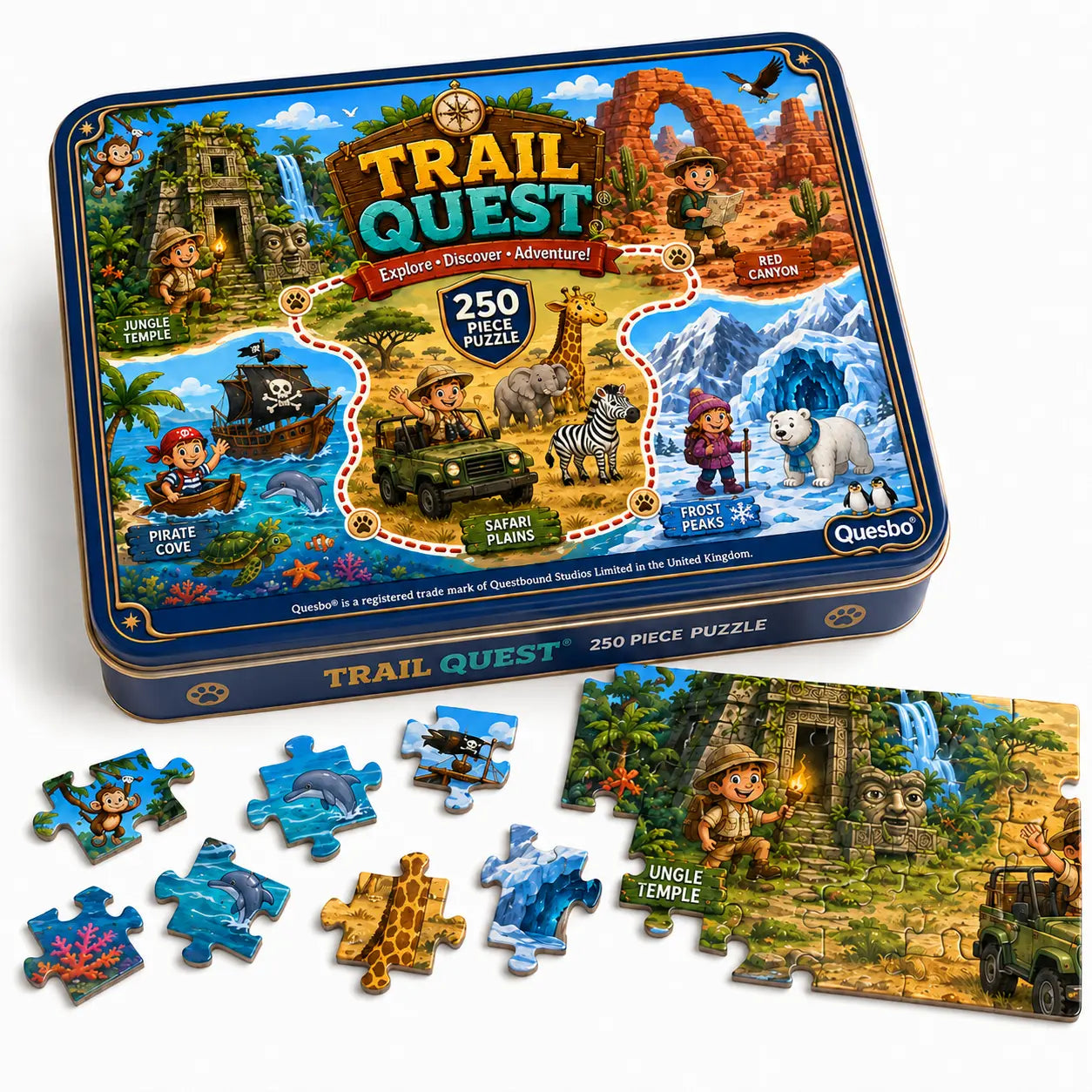 Trail Quest® 250-Piece Adventure Puzzle in Collectible Tin – Kids’ Explorer Jigsaw by Quesbo® Quesbo