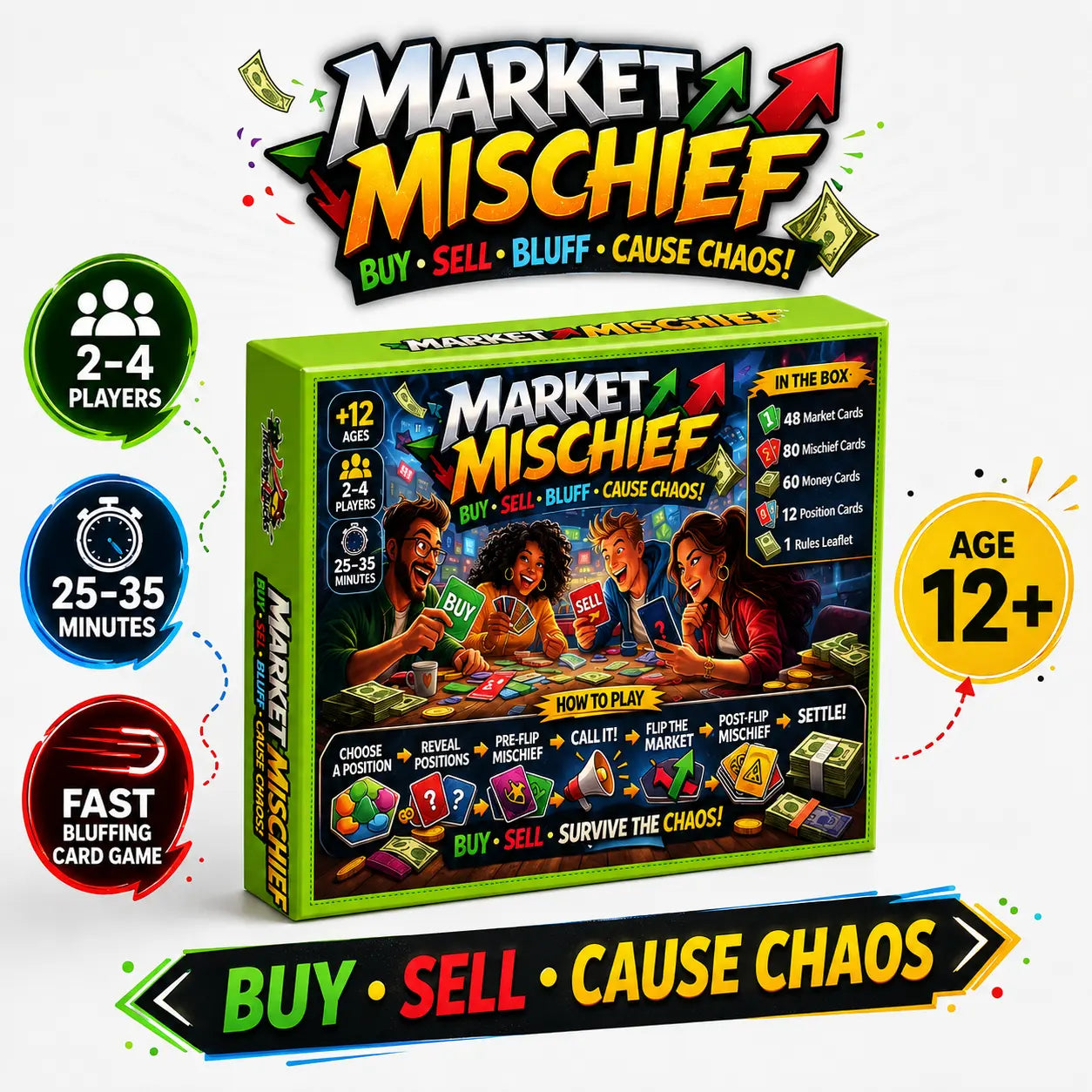 Market Mischief: Card Game for Families | Buy, Sell, Trade Quesbo