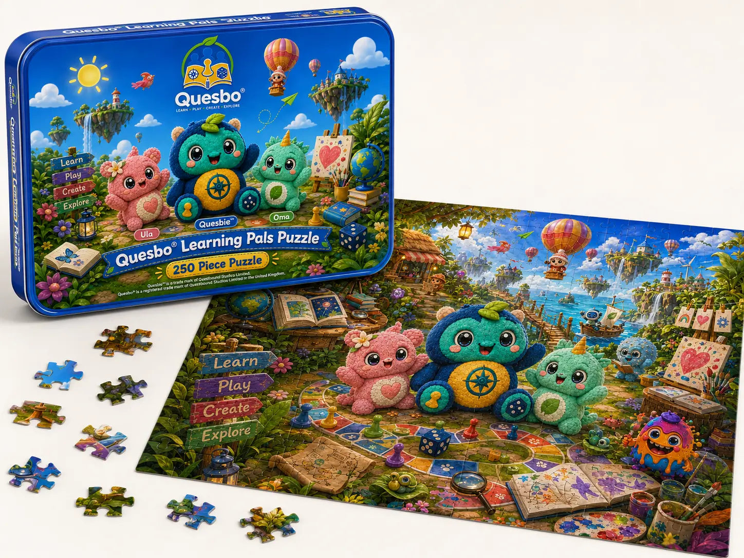 Quesbo® Learning Pals Adventure — 250-Piece Puzzle in Illustrated Tin Quesbo