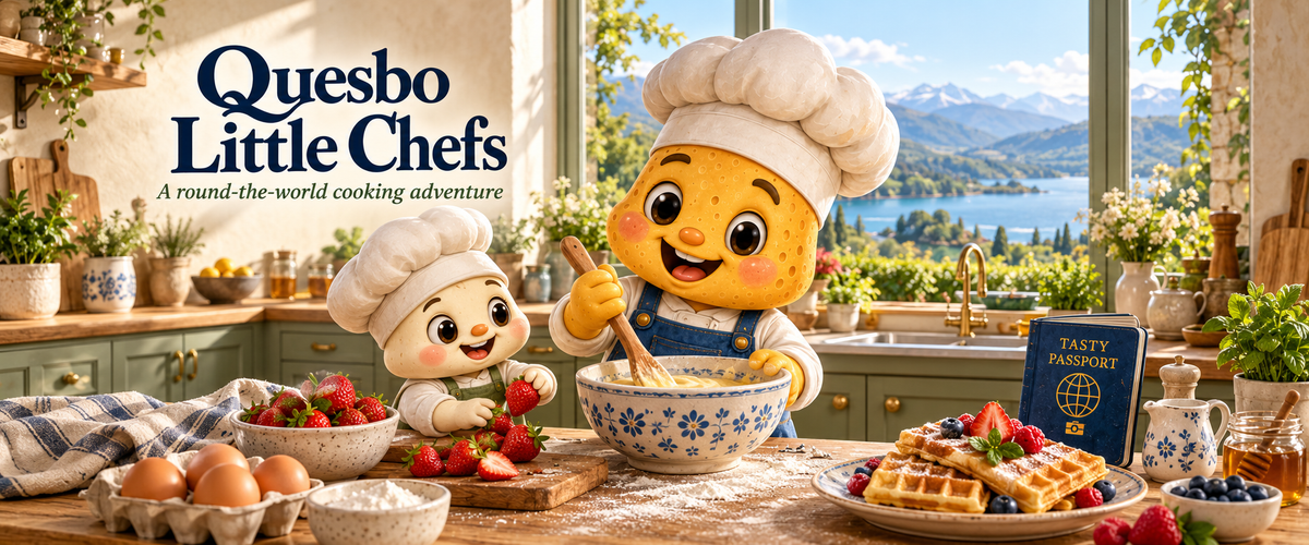 Quesbo Little Chefs: a round-the-world cooking adventure, with two illustrated food chefs in a lakeside kitchen.