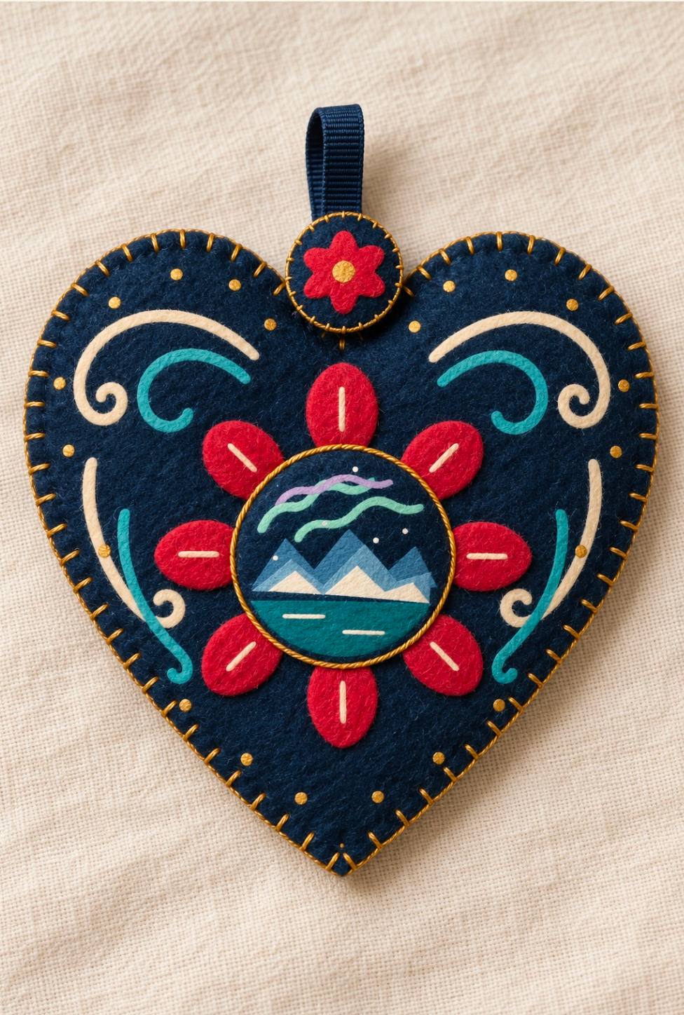 Norwegian Aurora Rosemaling Heart craft design: a navy felt heart with floral swirls, a central mountain scene and gold stitching.