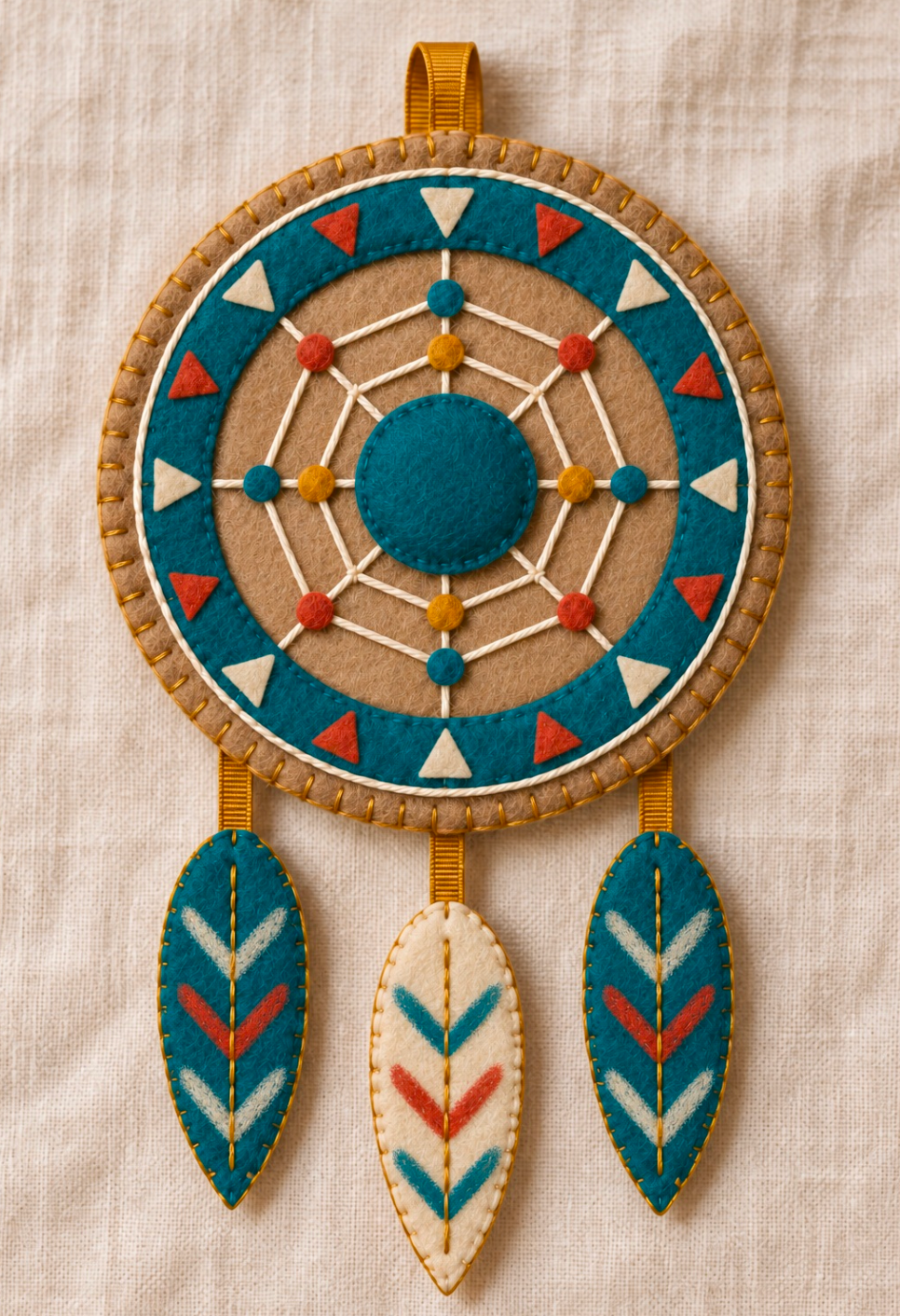 Dreamcatcher-inspired craft design: a round teal felt pendant with a geometric web, colourful accents and three hanging feather shapes.