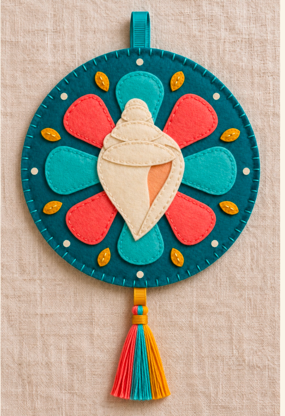 Junkanoo Conch Bloom craft design: a round teal felt pendant with a cream conch shell, colourful petal shapes and a multicoloured tassel.